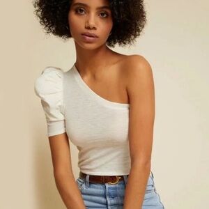 Nation LTD One Shoulder White Tee Shirt Raina Balloon puff Sleeve